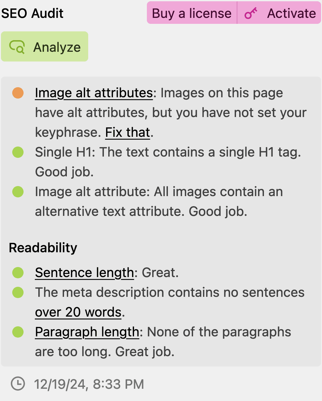 Kirby SEO Audit section preview